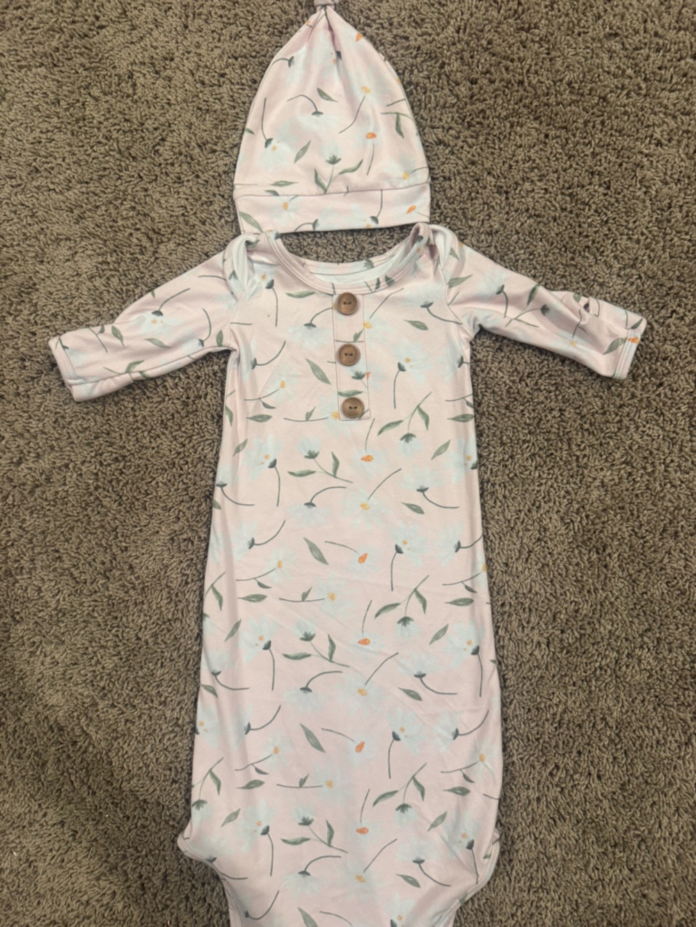 Caden Lane Pink Floral Baby Knot Gown & Hat
